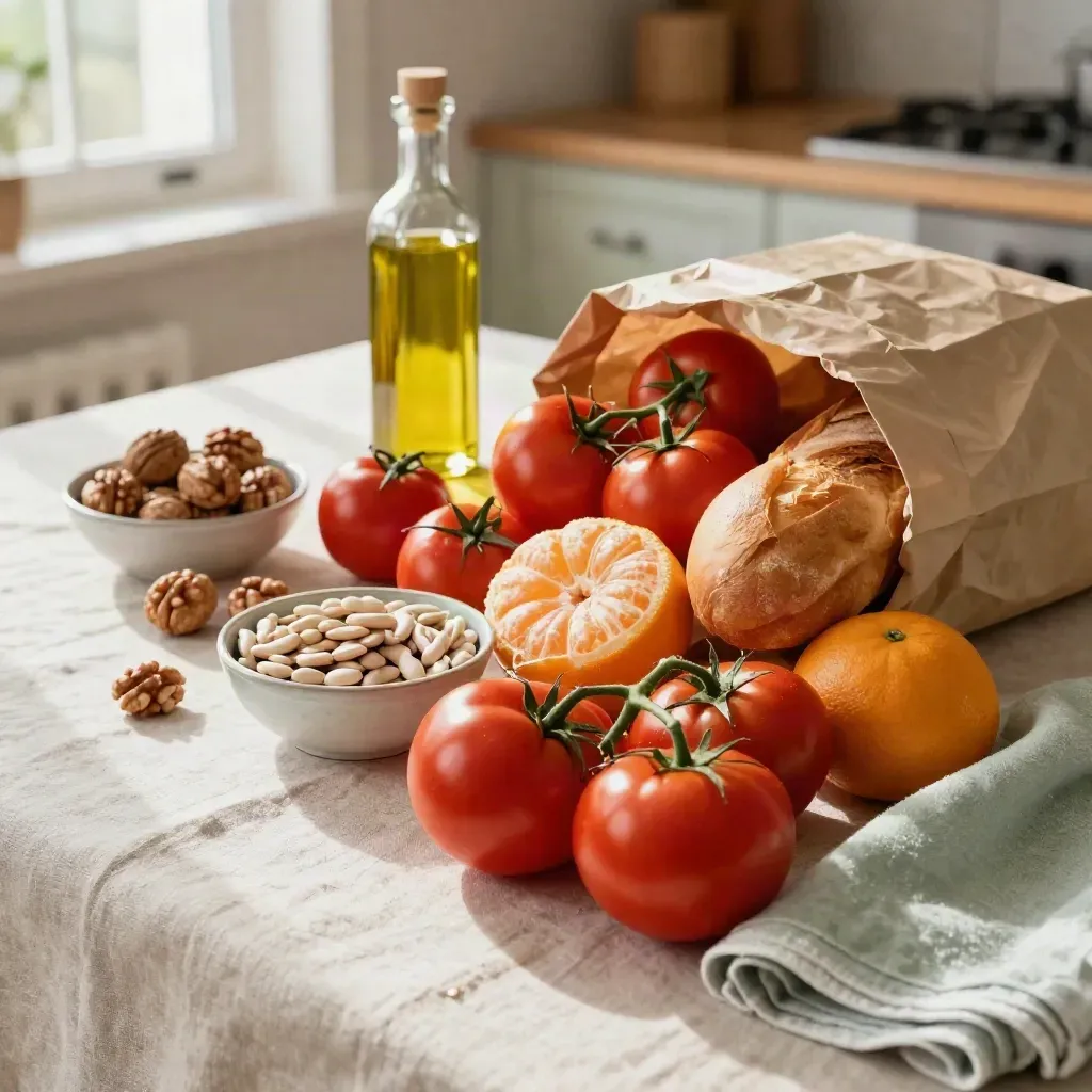 Dispensa di famiglia su tavolo di lino, con frutta, legumi e pane in luce mattutina calda.