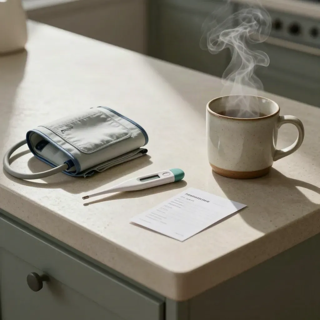 Cuff, termometro, tazza fumante e card visita su un piano in pietra chiara, luce del mattino.