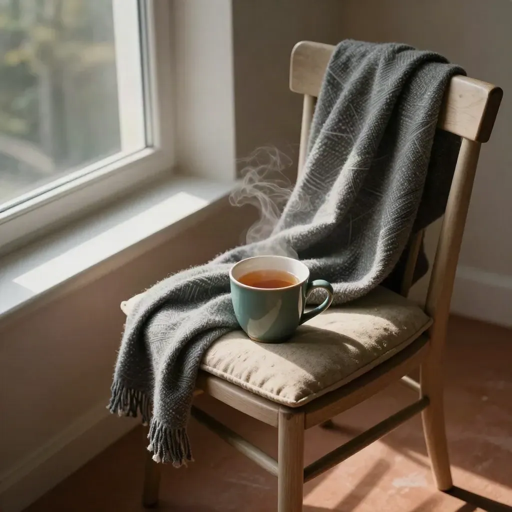 Angolo interno con coperta di lana, tazza fumante e finestra aperta in luce serale.
