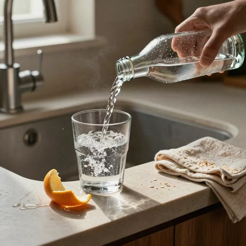 Bicchiere d’acqua a metà, bottiglia in condensa, scorza di agrume e asciugamano al lavello.