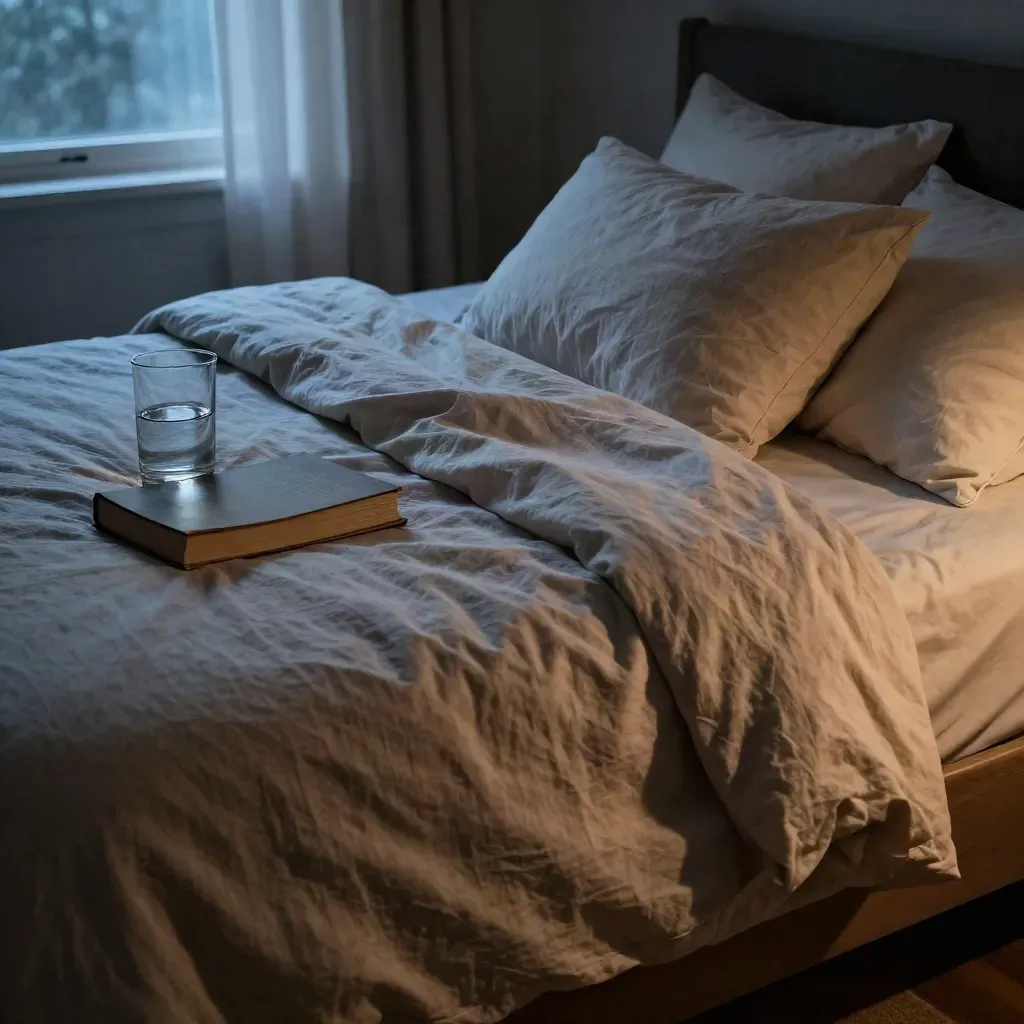 Camera da letto all’alba con lenzuola stropicciate, brocca sul comodino, libro chiuso e coperta di lana.