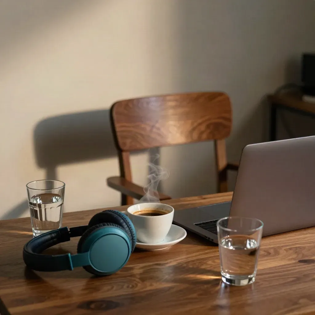Angolo ufficio con laptop chiuso, espresso, cuffie e bicchiere d’acqua in luce calda