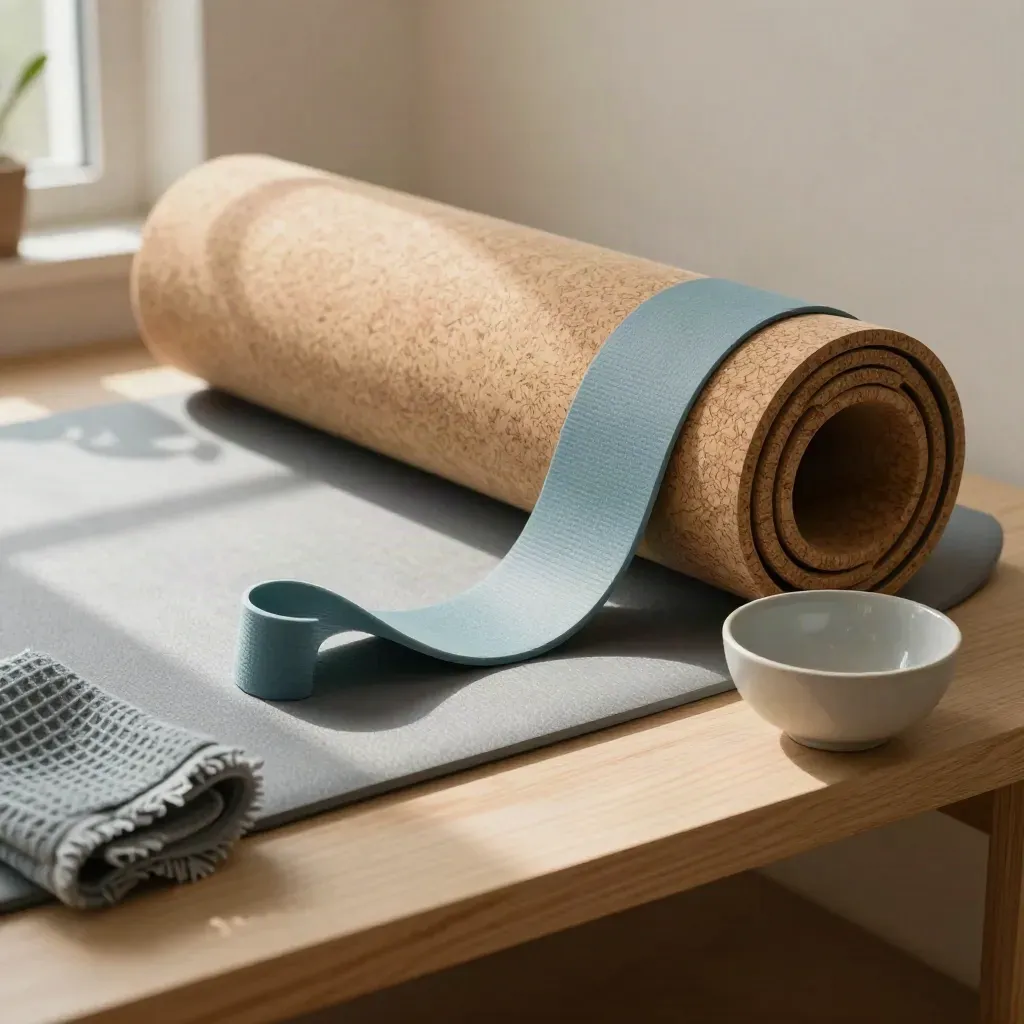 Tappetino yoga arrotolato, elastico e asciugamano su mensola in legno chiaro con luce morbida.
