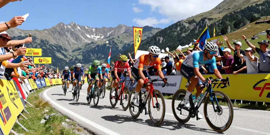 Gare ciclismo alla Vuelta a España con ciclisti professionisti in corsa tra montagne affollate.
